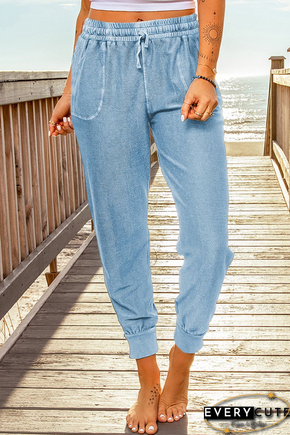 Sky Blue Elastic Waist Jogger Pants with Pockets
