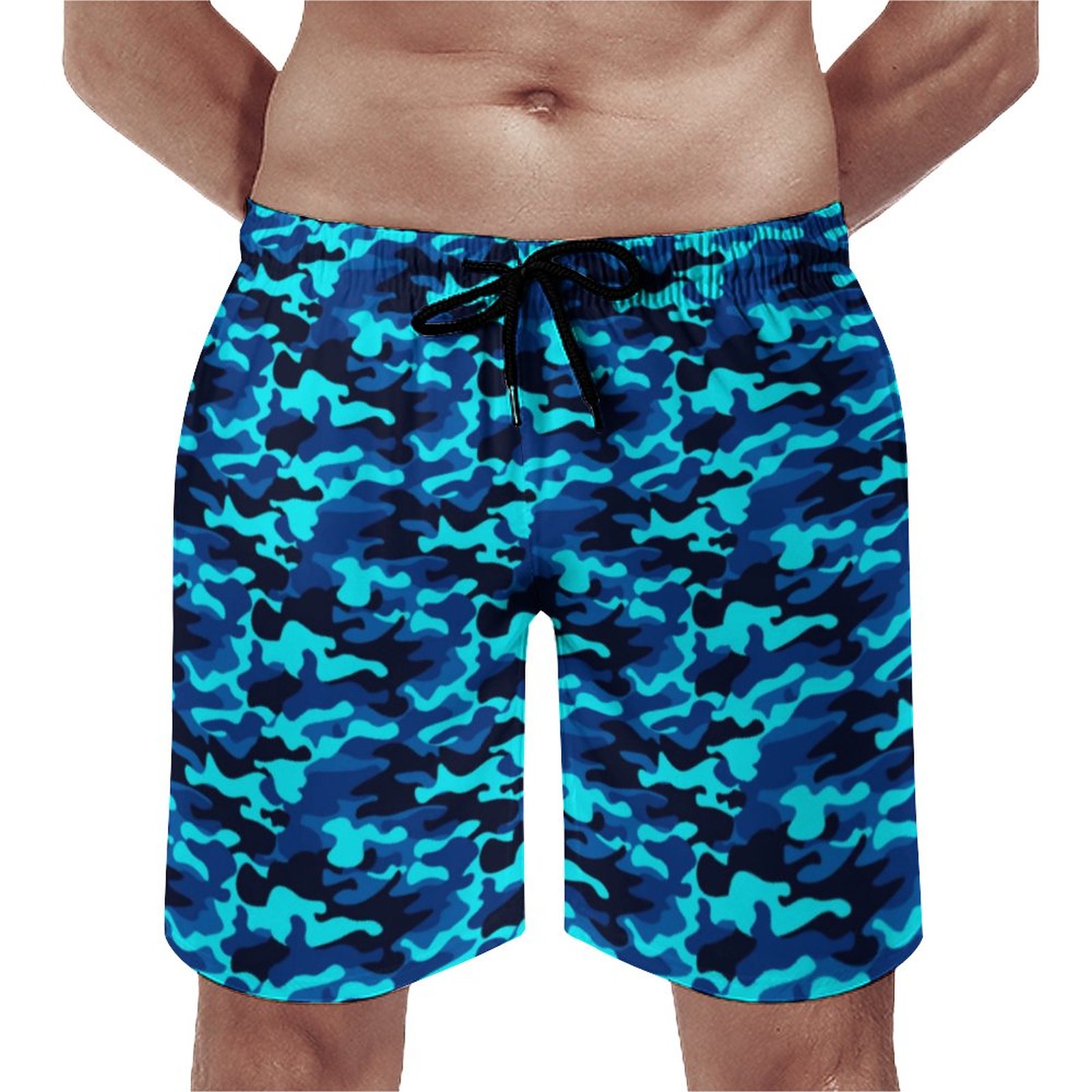Dark Blue Blue Neon Blue Camouflage Elegant Men's Swim Trunks Summer Board Shorts Quick Dry Beach Short with Pockets