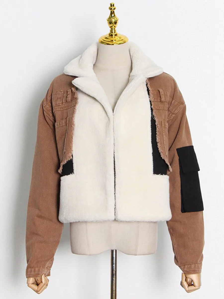 Toloer Toloer No Doubt Liang Shuang With The 2024 New Velvet Thick Denim Stitching Lamb Lapel Cotton Jacket Coat Female-Outfit Ideas