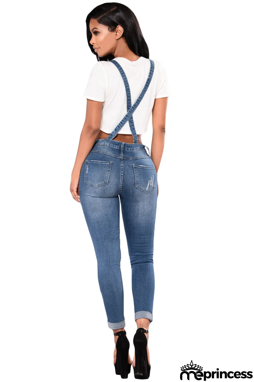 Light Blue Distressed Skinny Denim Overall