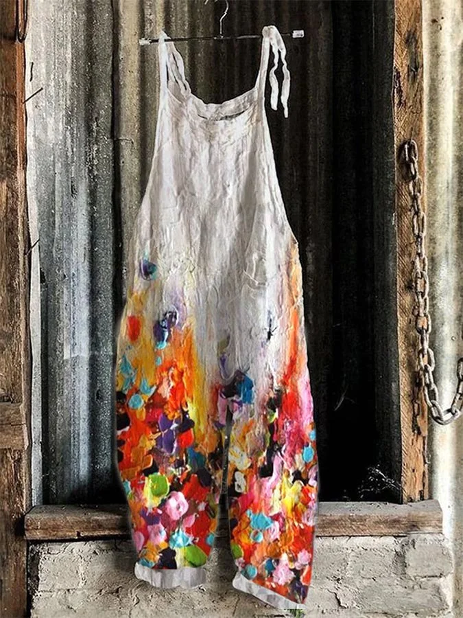 Women's Vintage Oil Painting Print Casual Bib Jumpsuit
