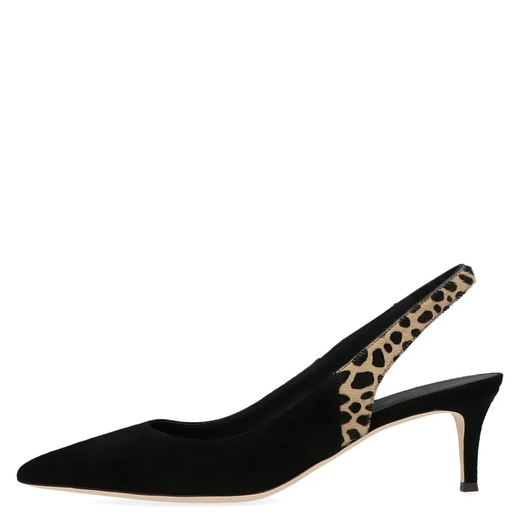 Black Vegan Suede and Leopard Print Kitten Heel Slingback Pumps |FSJ Shoes