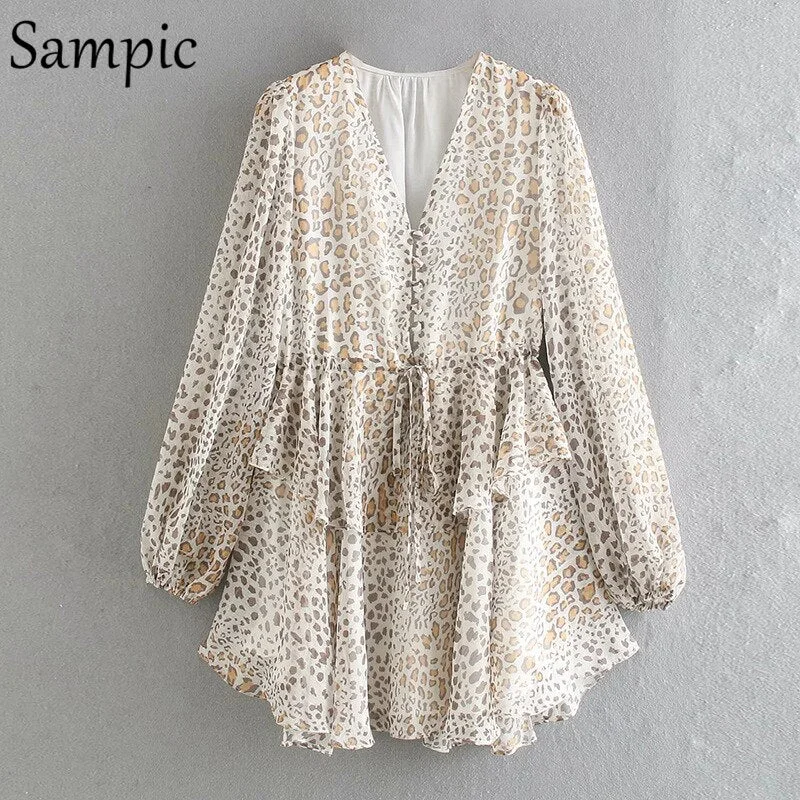 Sampic Sexy Women Chiffon Leopard Print Long Puff Sleeve Mini Party Dress Night Club Black Beige V Neck 2021 Summer Beach Dress