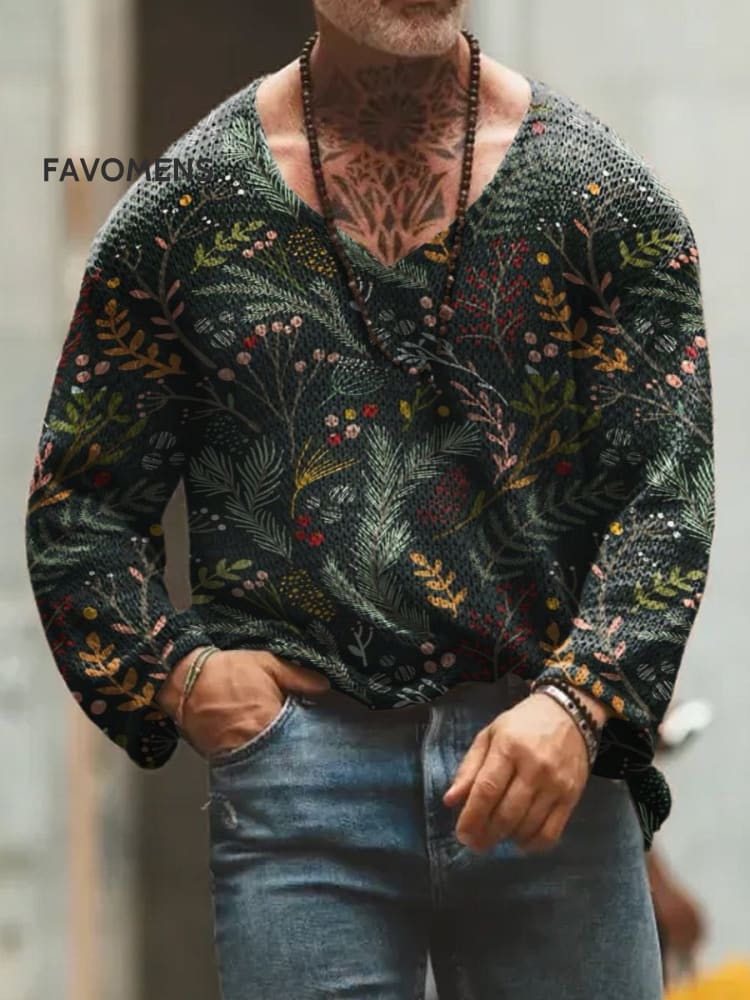 Various Plant Leaf Decorative Patterns V-Neck Long Sleeve Knitted Top Multicolor / S