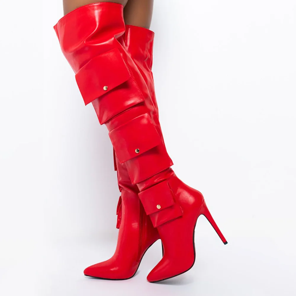 Full Red Leather Knee High Boots With Pocket Decor Stiletto Heel Boots Nicepairs