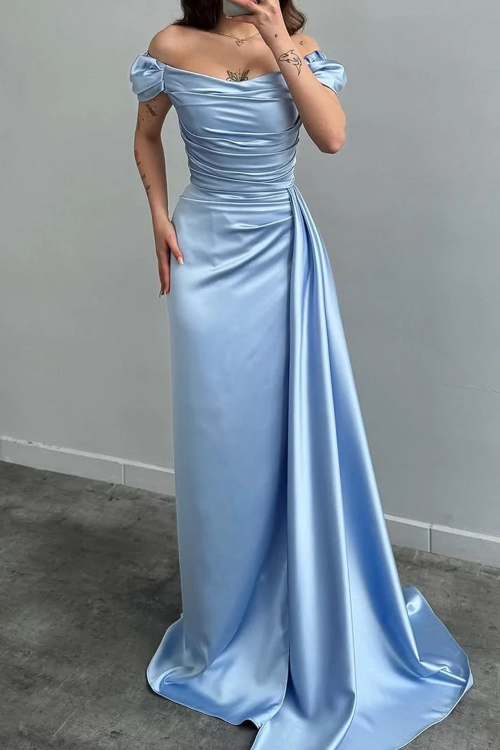 Miabel Simple Sky Blue Satin Strapless Off the Shoulder Long Prom Dress with Pleated 