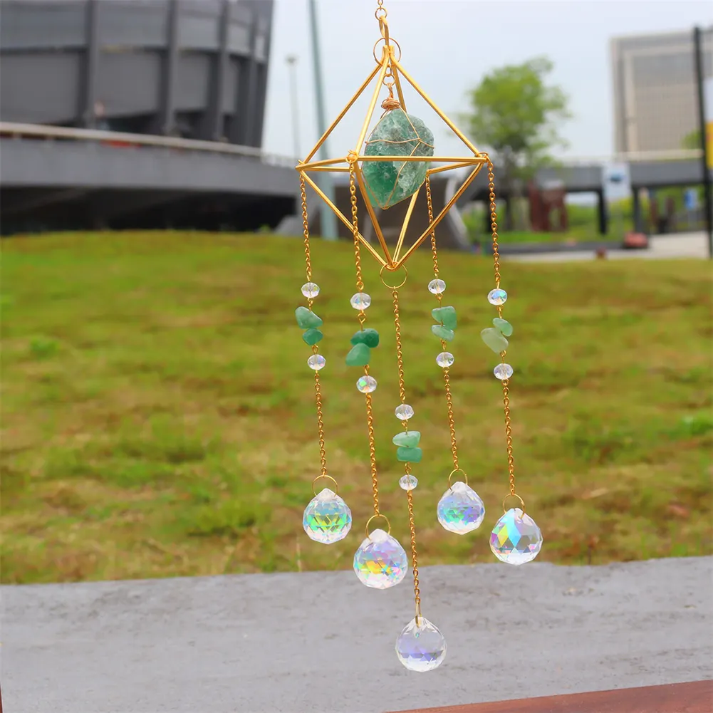 Crystal Wind Chimes Natural Stone Prism Light Catcher Garden Decor (Green)
