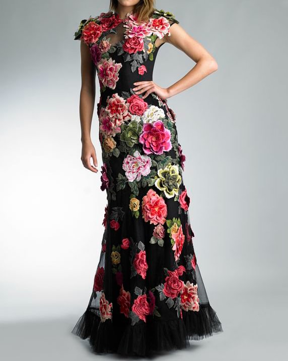 Gown three-dimensional floral maxi dress