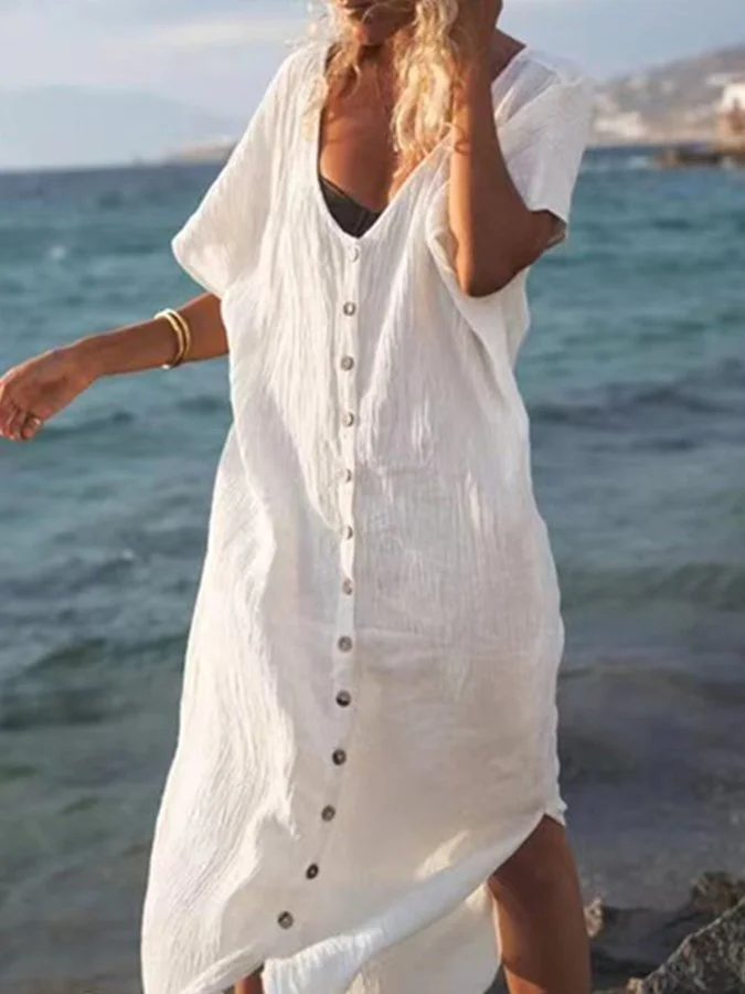 Women's V-Neck Single Breasted Cotton Linen Dress
