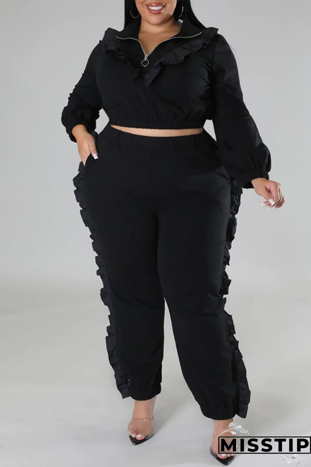 Black Casual Solid Patchwork Zipper Collar Plus Size Two Pieces