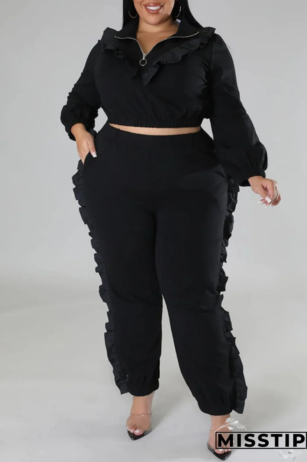 Black Casual Solid Patchwork Zipper Collar Plus Size Two Pieces