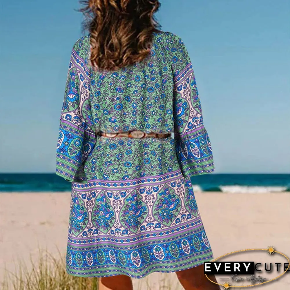 Fashion Women Retro Oversized V-Neck Casual Sundress Floral Printed Baggy Holiday Mini Shirt Dress