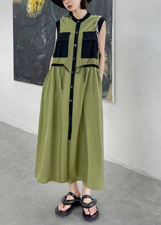 Comfy Army Green Patchwork Button Tie Waist Summer Long Dress