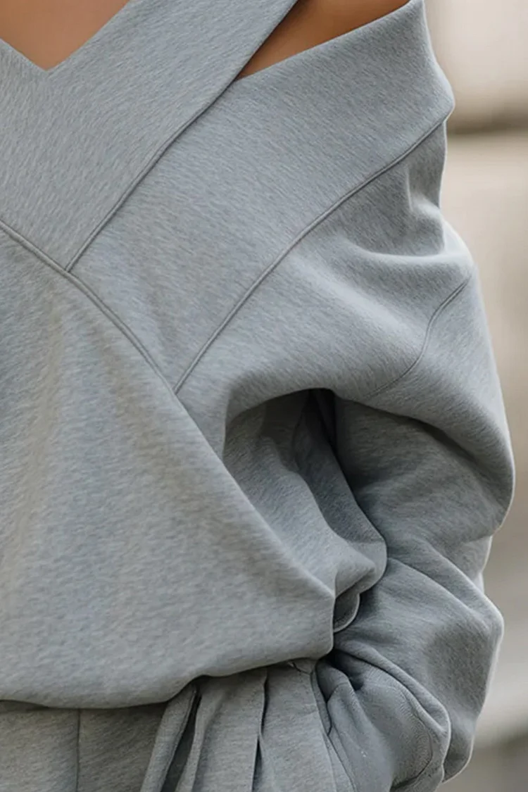 Plus Size Daily Grey V Neck Long Sleeve Cut Out Casual Blouses [Pre-Order]