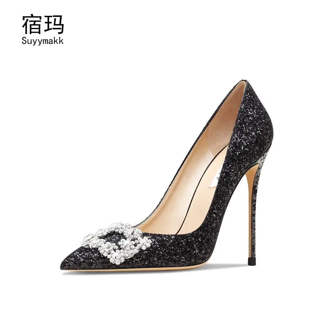 Real Leather Crystal Women'S Shoes Rhinestone Sexy Buckle High Heels Shoes Glitter Fashion Pumps Party Pointed Toe Wedding Shoes