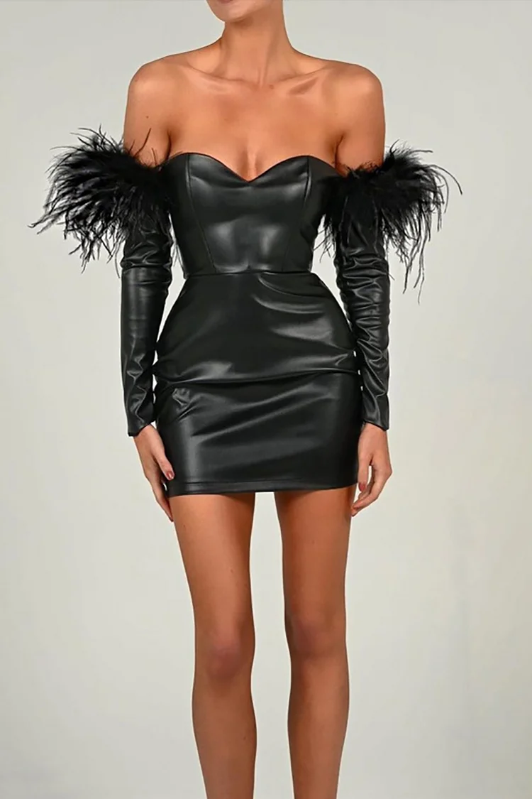 Off Shoulder Feather Long Sleeve PU Leather Bodycon Party Mini Dresses