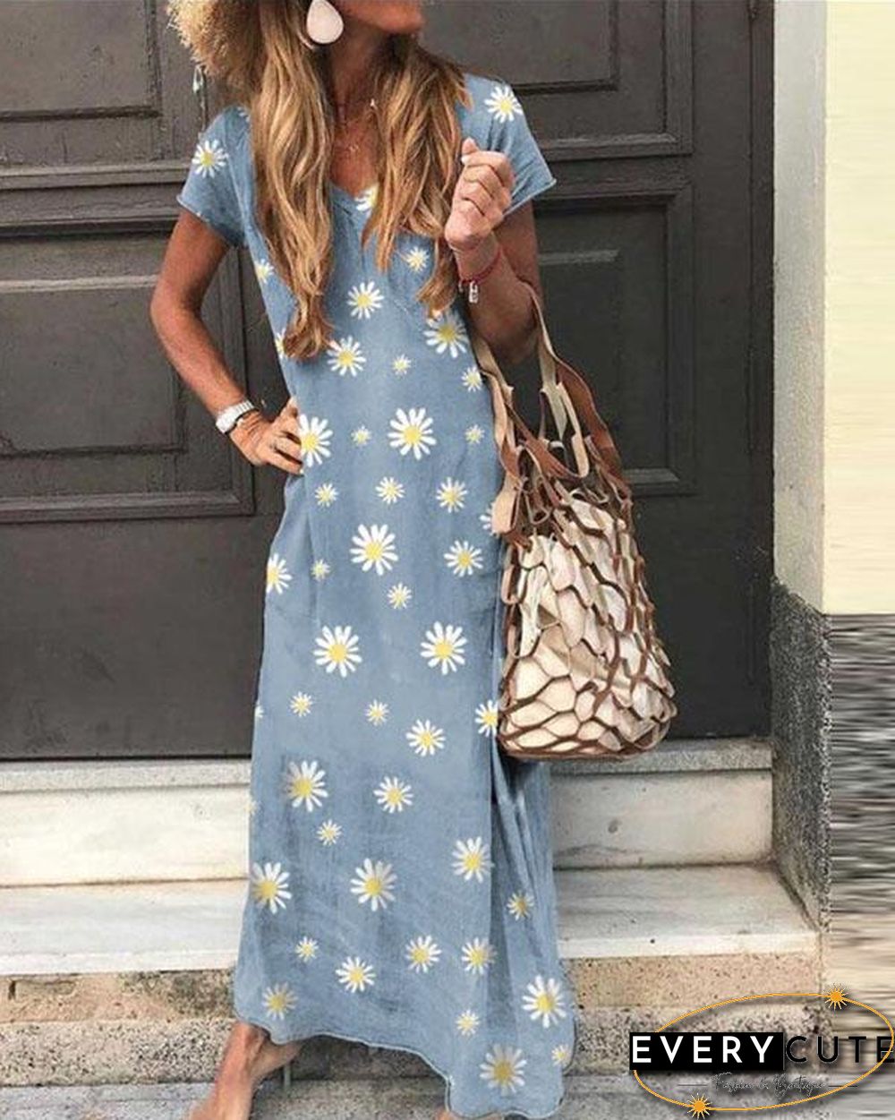 Floral V Neck Casual Short Sleeve Maxi Dresses