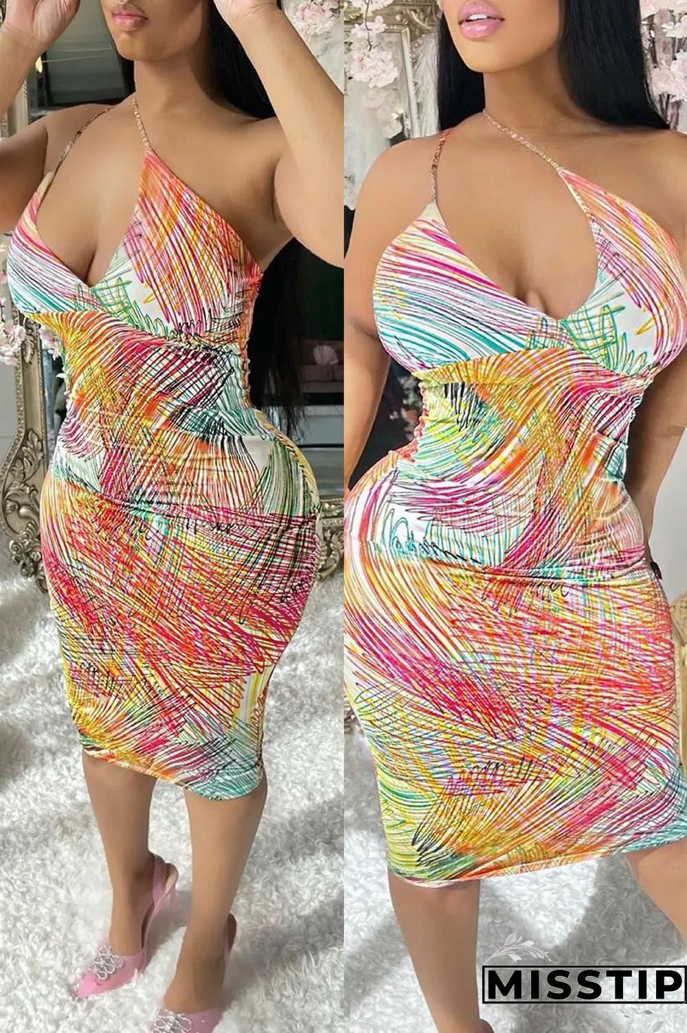 Multicolor Sexy Print Backless Spaghetti Strap Sleeveless Dress Dresses