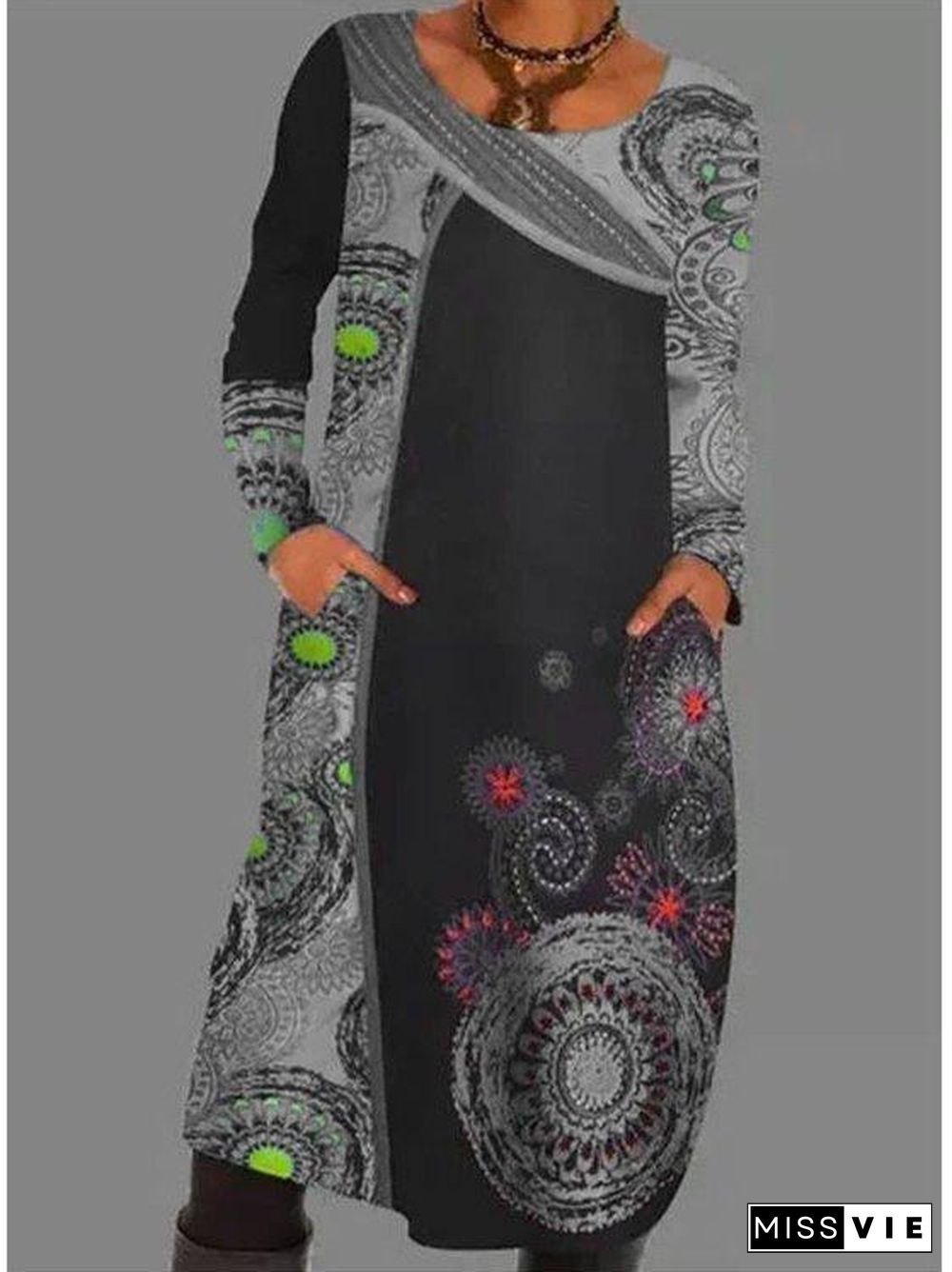 Vintage Crew Neck A-Line Dresses Black Dresses