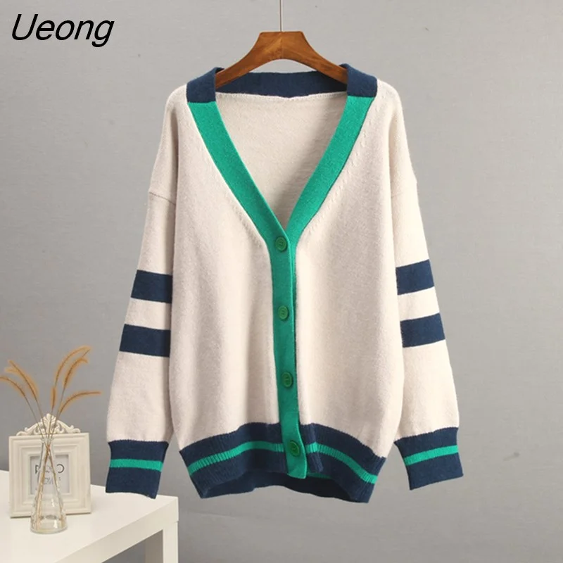 Ueong Gentle Temperament Knitted Cardigan Women Chic Loose Casual V-neck Long Sleeve Sweater Female Retro Harajuku All-match Tops