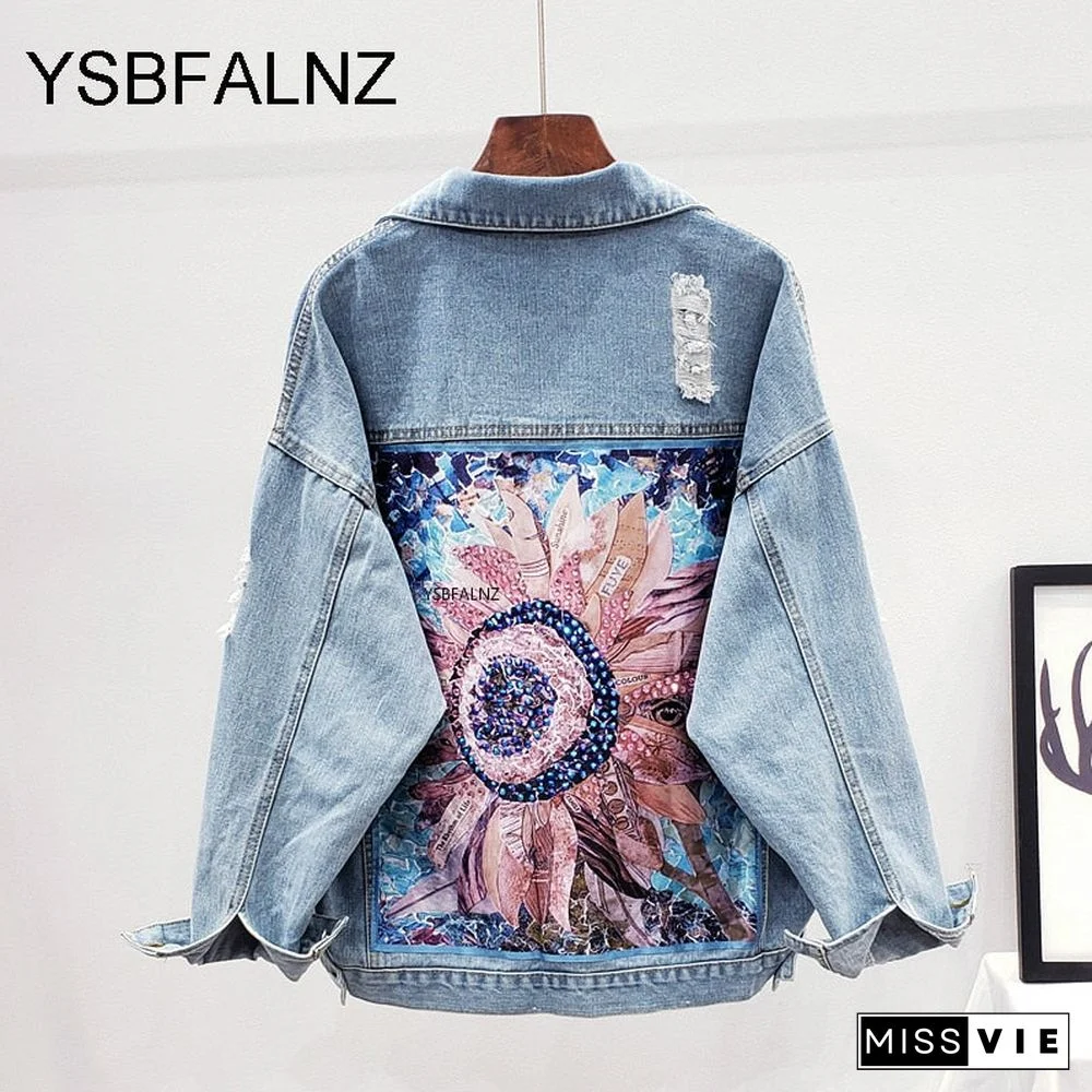 Women Denim Jacket feminine Spring Autumn Boho Sequin Floral Appliques Embroidery Coat Long Sleeve Outerwear Female Veste femme