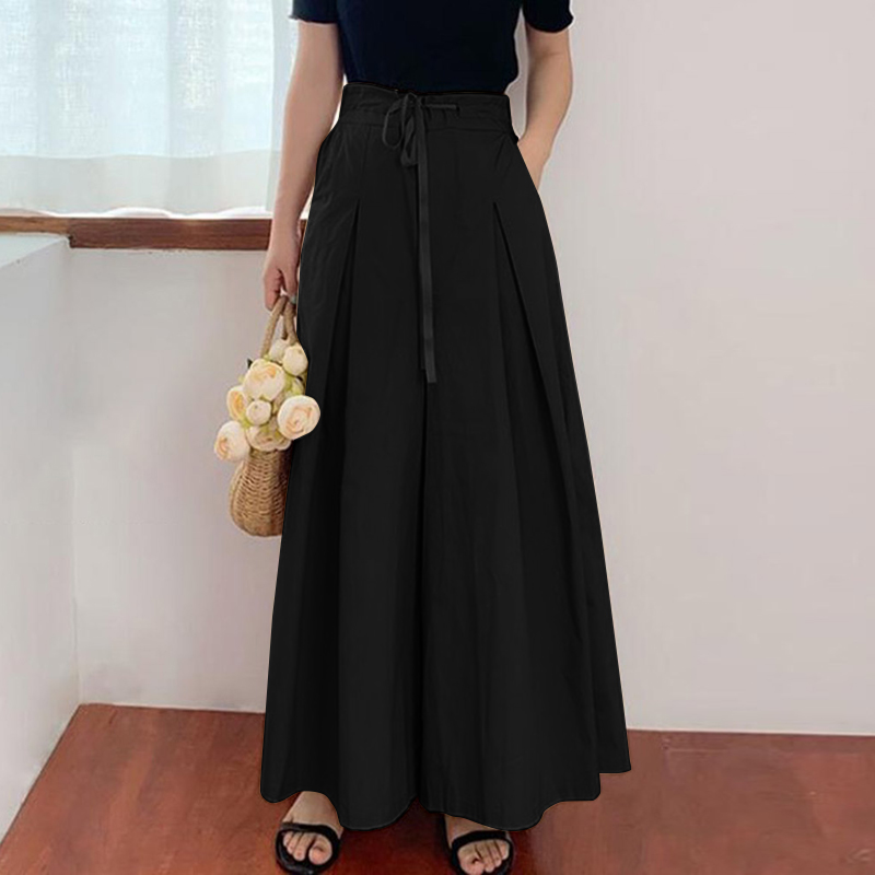 2024 ZANZEA OL Work Pants Women's Drawstring Trousers Casual Wide Leg Pantalon Elegant Lace Up Solid Palazzo Oversize