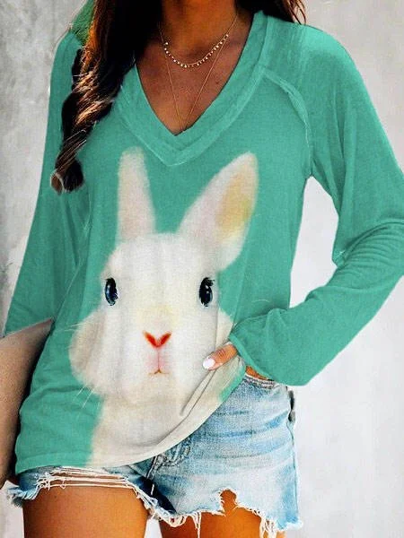 Easter Bunny Print V-Neck Shirt