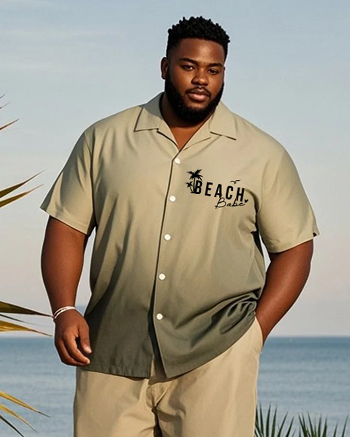 Big & Tall Men's Hawaiian Vacation Army Green Gradient Alphabet Print Shirt Shorts Suit