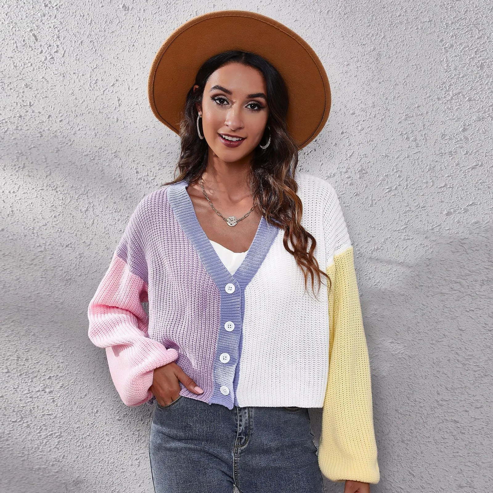 Women's Color Block Patchwork Knit Cardigan