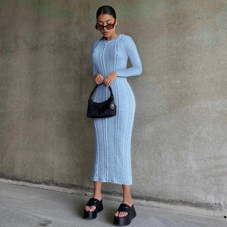 Hugcitar 2021 Women Fall Winter Fashion Bodycon Stripe O Neck Pure Color Long Sleeves Maxi Dress Female Sexy Outfits Streetwear
