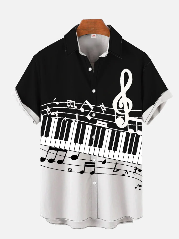 Black And White Contrasting Colors Stitching Mmusic Notes And Piano Keys Printing Men's Short Sleeve Shirt