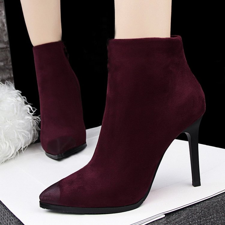 Burgundy Stiletto Boots Pointy Toe Suede Vintage Ankle Booties |FSJ Shoes