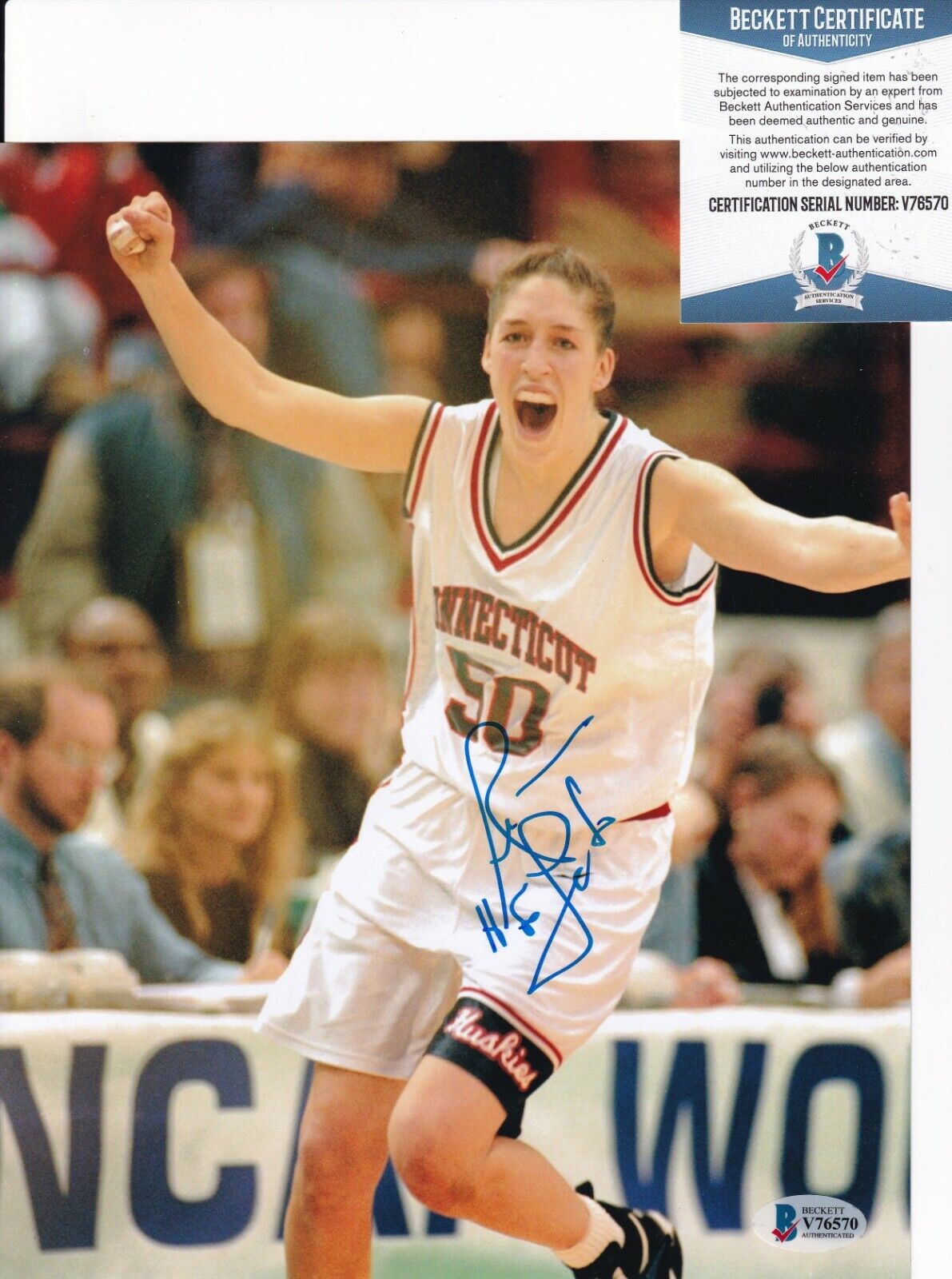 REBECCA LOBO signed (U-CONN HUSKIES) basketball 8X10 Photo Poster painting BECKETT BAS V76570