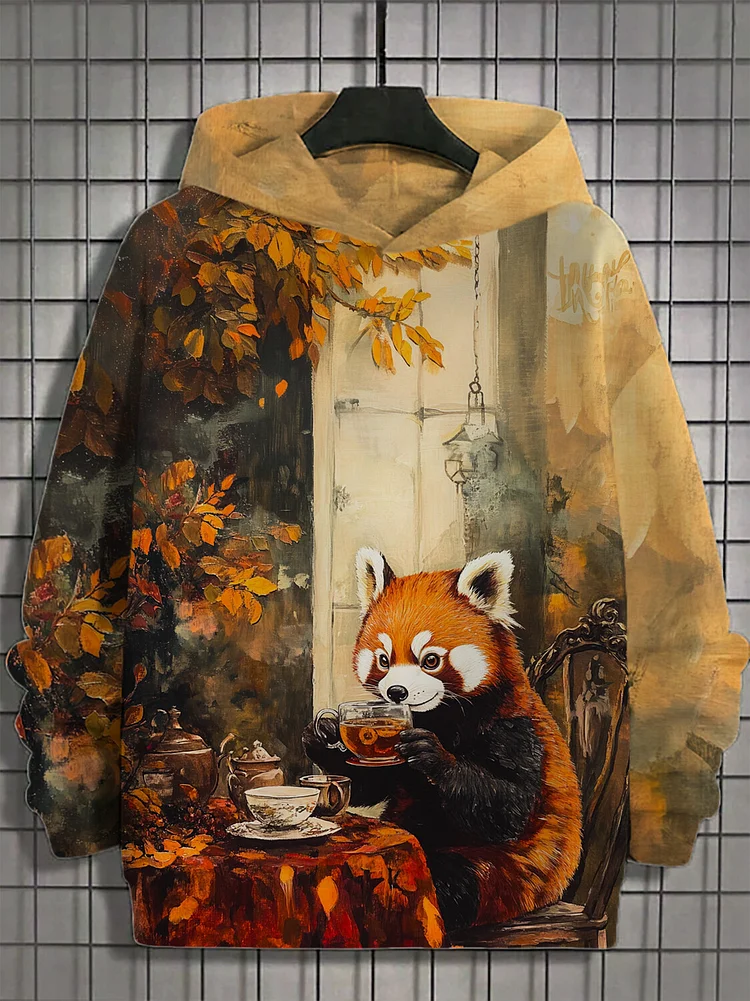 Men's Raccoon Drinking Tea Thanksgiving Art Print Hooded Sweatshirt