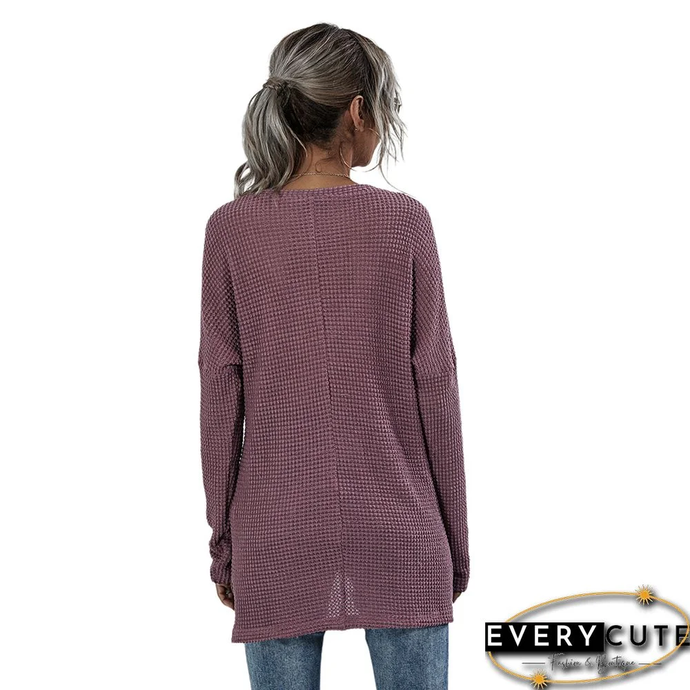 Purplish Red Solid V Neck Knit Top with Pocket