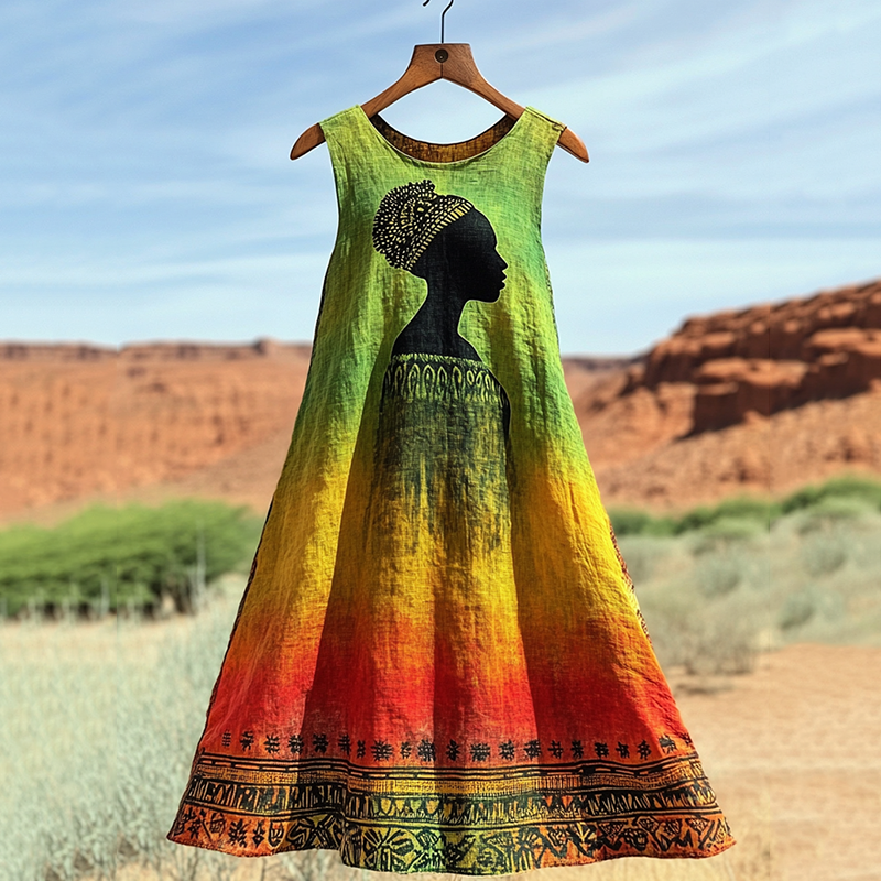 Women's Vintage African Colorful Gradient Portrait Art Linen Tank Dress