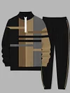 Men's fashion casual color match print long sleeve two piece set