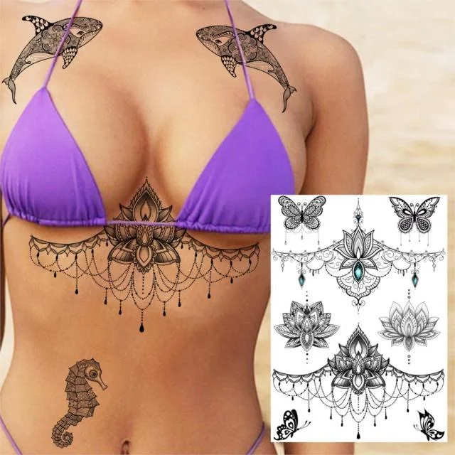 REJASKI Black Henna Lace Temporary Tattoos Sticker For WOmen Butterfly Moth Mehndi Flower Fake Tatoo Sticker Feather Flora Tatoo