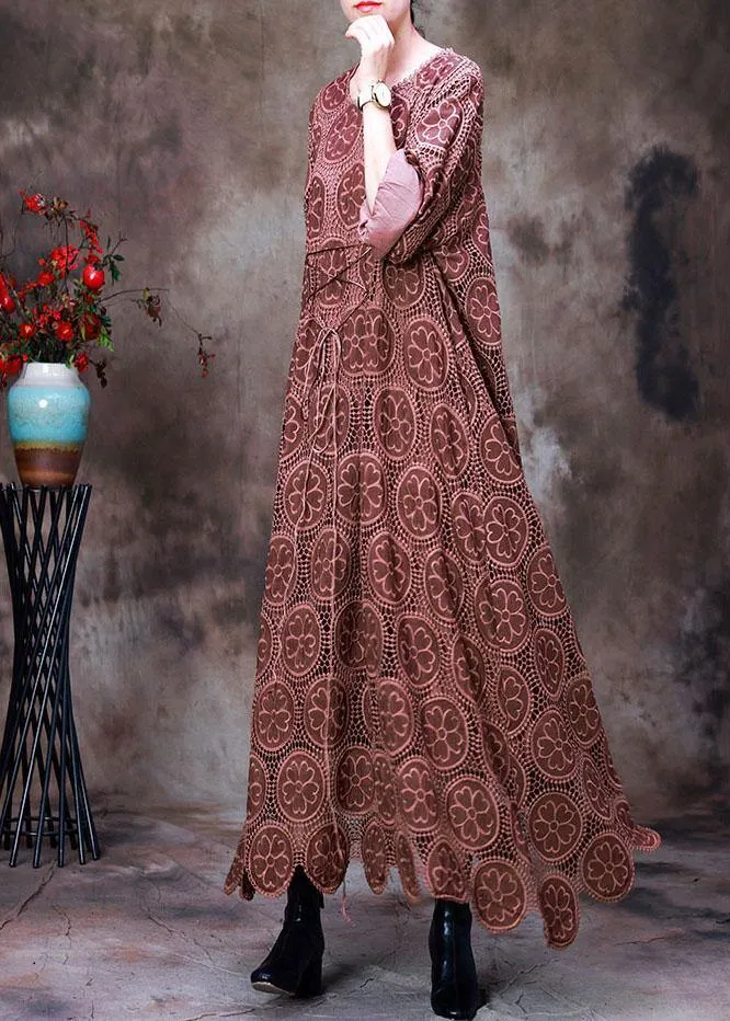 Vintage Orange Embroideried asymmetrical design Fall Dress Long sleeve