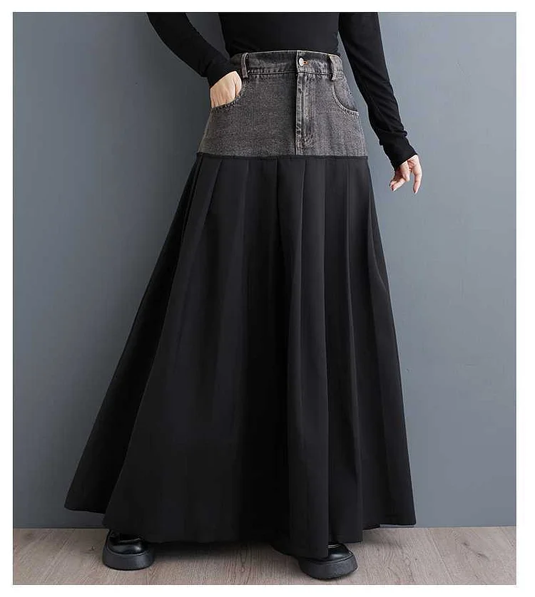 Versatile Denim Splicing High Waisted Skirt