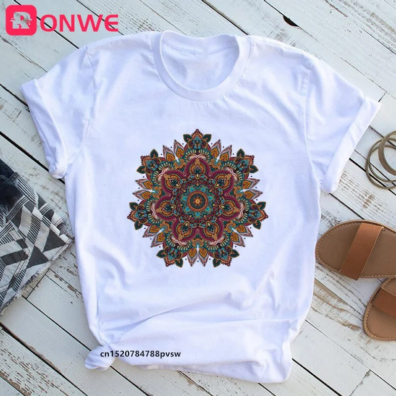 Mandala Flowers Stripes Thermo Funny Women T-shirt Girl  Summer 90S Print Tops Tee,Drop Ship