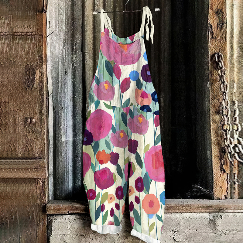 Vintage Colorful Flowers Art Print Linen Loose Casual Jumpsuit