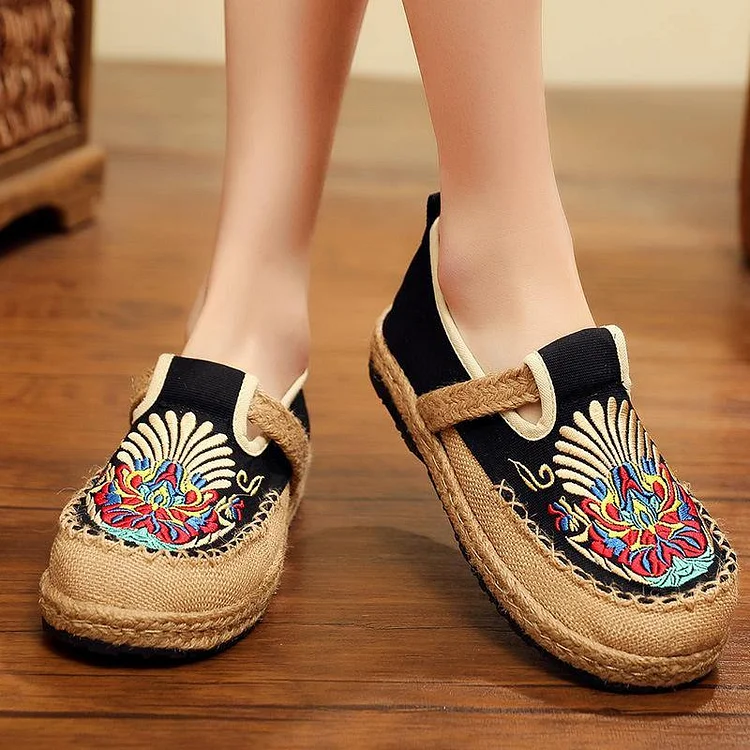 Black Cotton Linen Embroideried Fabric Flat Feet Shoes Splicing Flats