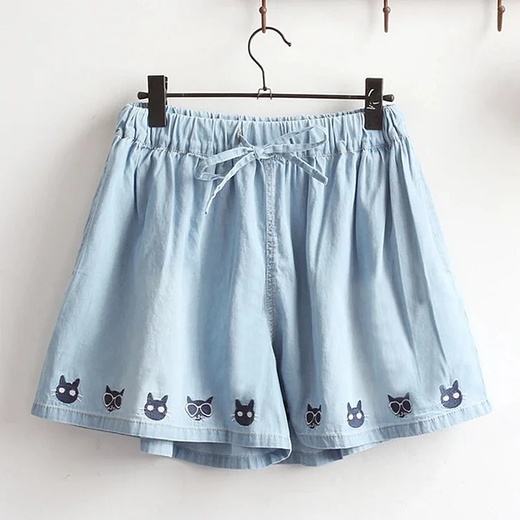 Cat Embroidery Denim Cotton Shorts