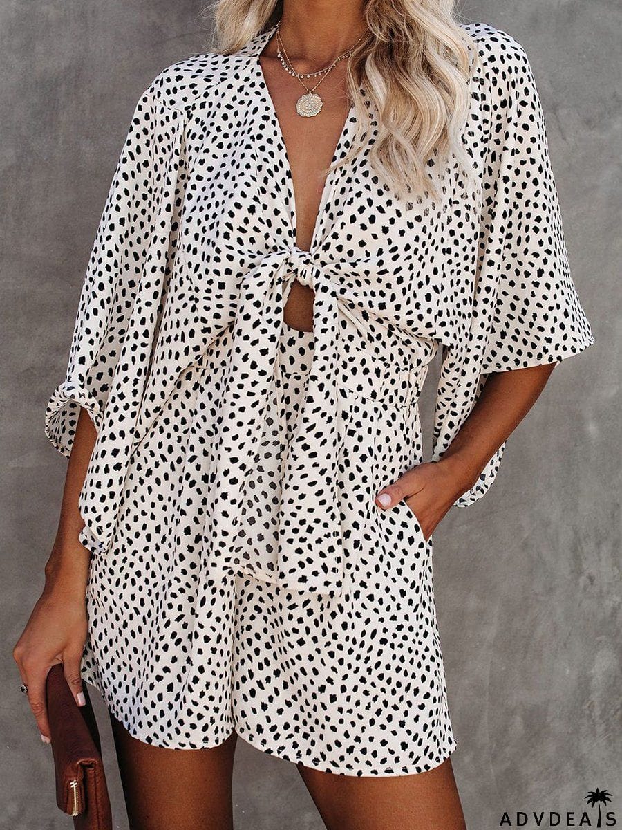 Printed Knotted Flared Sleeve Rompers