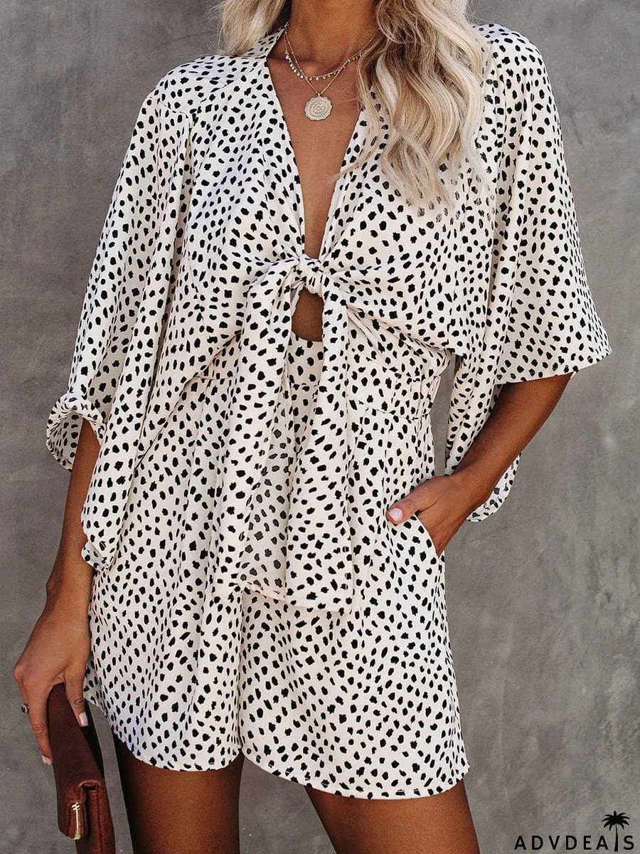 Printed Knotted Flared Sleeve Rompers