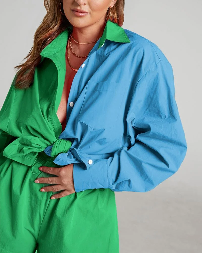 Casual Two Piece Colorblock Shirt & Shorts
