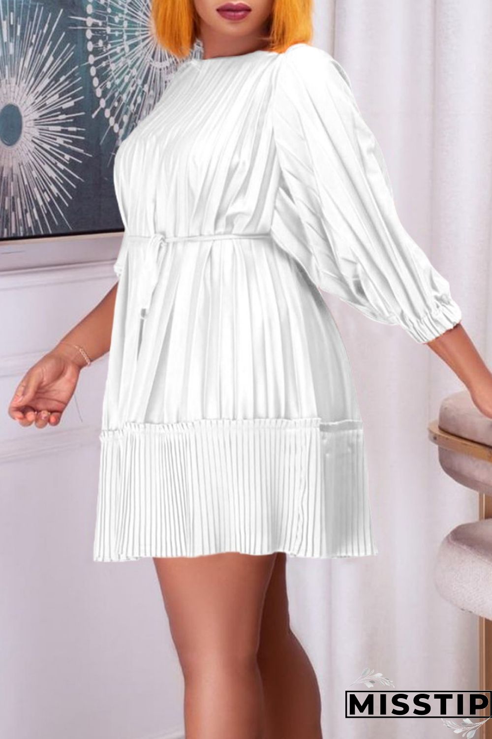 Black Casual Solid Patchwork Fold O Neck Pleated Dresses