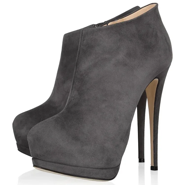 Dark Grey Vegan Suede Ankle Boots Stiletto Heel Platform Booties |FSJ Shoes