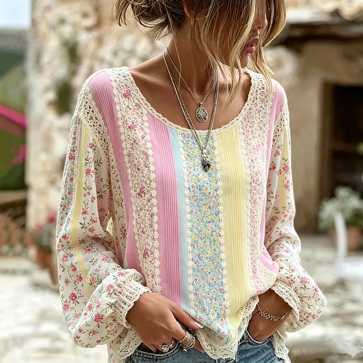 Women's Retro Floral Lace Patchwork Art Long Sleeve T-shirt